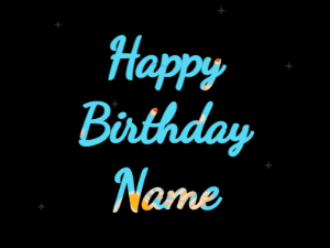Happy Birthday GIF:colored fireworks,pink cake, cursive font, blue animation