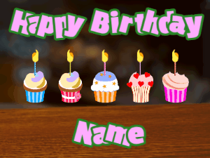 Happy Birthday GIF:Cupcakes for Birthday,bar top background,purple & green text