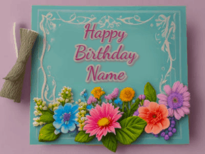 Animated Birthday GIF as a colorful birthday card reading Happy Birthday Name and flower petals floating past.