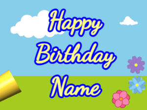 Happy Birthday GIF:Horn, confetti, meadow, cursive, yellow, blue