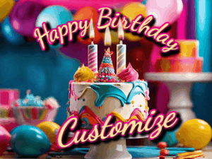 Animated birthday gif with a beautiful colorful birthday can and sparkles in the air. It reads Happy Birthday Customize.