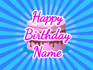 Happy Birthday GIF:blue sunburst,pink cake, purple text