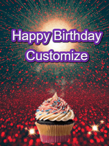 A colorful cupcake gif reading Happy Birthday with sparkles rising from the cupcake on a bright red glittery background.
