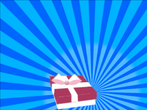 Happy Birthday GIF:burgundy Gift box, blue sunburst, happy faces & block
