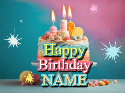 A colorful animated Happy Birthday Cake GIF with swirling sparkles and flickering candles. It reads Happy Birthday Name