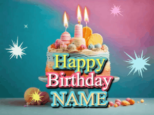 A colorful animated Happy Birthday Cake GIF with swirling sparkles and flickering candles. It reads Happy Birthday Name