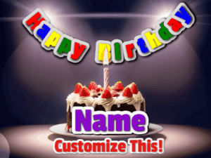 Animated Happy Birthday GIF with a cake and flickering candle with spotlights over the scene, Happy Birthday banner with name to customize