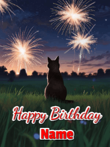 An animated gif at night showing the backside of a sitting cat who watches sparkle and fireworks over a meadow. Customize name and happy birthday.