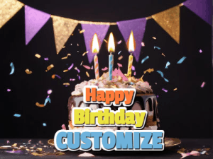Happy birthday cake animated gif with flickering candles, animated text, and falling confetti. Customize text reading Happy Birthday Customize.