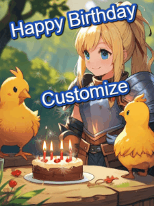 Birthday anime gif with 2 baby chicks and a girl in armor watching glitter float from a birthday cake with flickering candles.