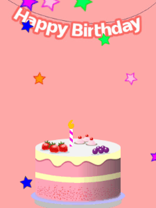 Happy Birthday GIF:Pink birthday GIF with a fruity cake and stars