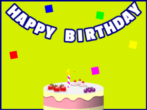 Happy Birthday GIF:A fruity cake on green with blue border & falling squares