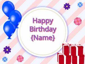Happy Birthday GIF:blue Balloons, red gift boxes, purple text