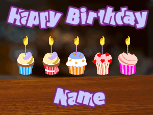 Happy Birthday GIF:Cupcakes for Birthday,bar top background,light blue & purple text