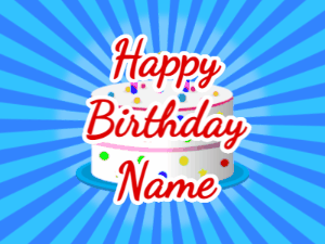 Happy Birthday GIF:blue sunburst,candy cake, red text