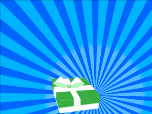 Happy Birthday GIF:green Gift box, blue sunburst, happy faces & cursive