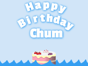 Happy Birthday GIF:Birthday shark gif: fruity cake & white text