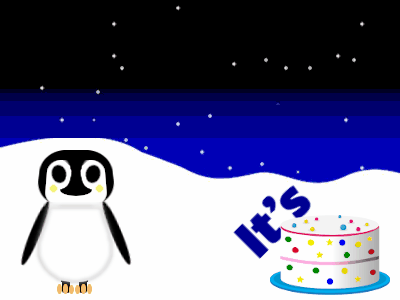 Happy Birthday, birthday-5930 @ Editable GIFs,Penguin: candy cake,blue text,% 3 fireworks