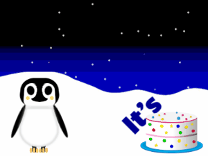 Happy Birthday GIF:Penguin: candy cake,blue text,% 3 fireworks