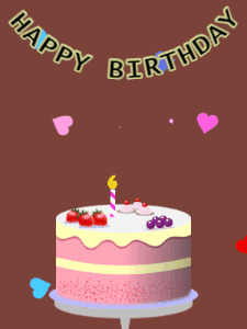 Happy Birthday GIF:Birthday GIF,fruity cake,brown background,stars & hearts
