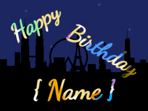 Happy Birthday GIF:City fireworks of mix. Fonts block & cursive, & a party colors texture