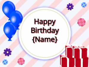 Happy Birthday GIF:blue Balloons, red gift boxes, black text