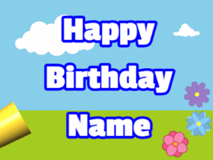 Happy Birthday GIF:Horn, confetti, meadow, block, white, blue