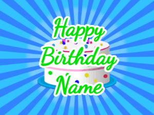 Happy Birthday GIF:blue sunburst,candy cake, green text