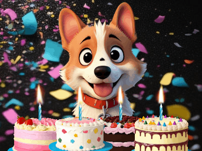 Cute Corgi Birthday GIF, birthday-610 @ Editable GIFs,A Corgi and 4 Cakes