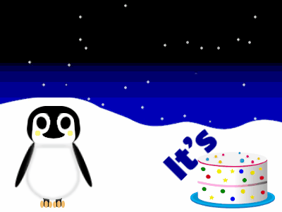 Happy Birthday, birthday-6130 @ Editable GIFs,Penguin: candy cake,blue text,% 3 fireworks