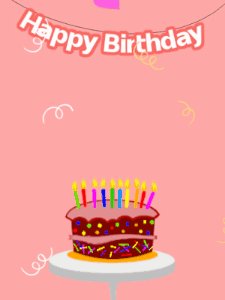 Happy Birthday GIF:Pink birthday GIF with a cartoon cake and hearts