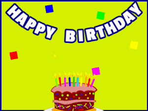 Happy Birthday GIF:A cartoon cake on green with blue border & falling hearts