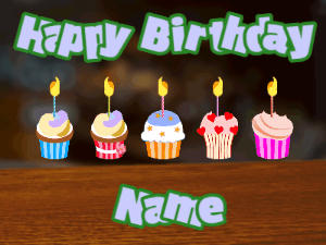 Happy Birthday GIF:heart fireworks,pink cake, cursive font, sunburst animation