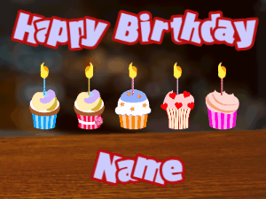 Happy Birthday GIF:Cupcakes for Birthday,bar top background,light blue & red text