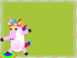 Happy Birthday GIF:Dabbing Unicorn:green background,blue flowers,pink cake