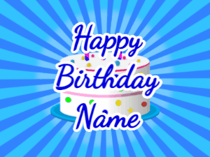Happy Birthday GIF:blue sunburst,candy cake, blue text