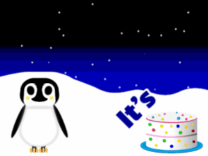 Happy Birthday GIF:Penguin: candy cake,green text,% 3 fireworks