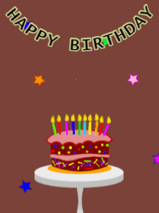 Happy Birthday GIF:Birthday GIF,cartoon cake,brown background,hearts & stars