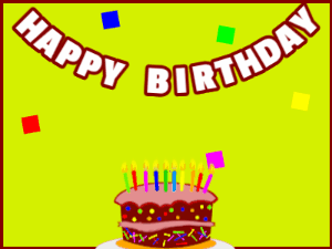 Happy Birthday GIF:A cartoon cake on green with red border & falling hearts