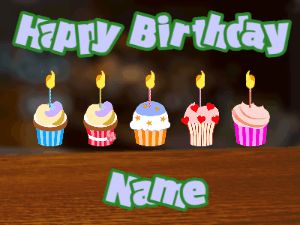Happy Birthday GIF:Cupcakes for Birthday,bar top background,light blue & green text