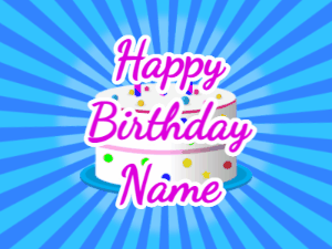 Happy Birthday GIF:blue sunburst,candy cake, purple text