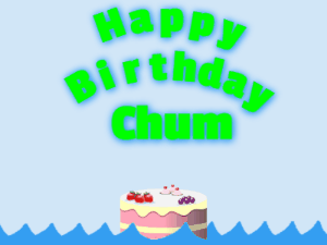 Happy Birthday GIF:Birthday shark gif: fruity cake & green text