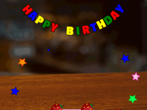 Happy Birthday GIF:cream Cake, flying mix on a pub background