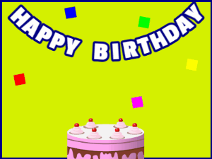 Happy Birthday GIF:A pink cake on green with blue border & falling stars
