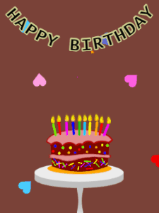 Happy Birthday GIF:Birthday GIF,cartoon cake,brown background,hearts & hearts