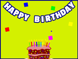 Happy Birthday GIF:A cartoon cake on green with blue border & falling stars