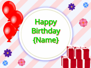 Happy Birthday GIF:red Balloons, red gift boxes, green text