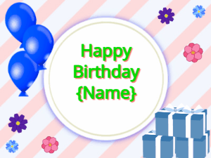 Happy Birthday GIF:blue Balloons, blue gift boxes, green text