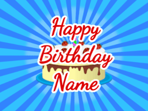 Happy Birthday GIF:blue sunburst,cream cake, red text