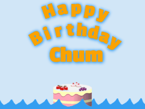 Happy Birthday GIF:Birthday shark gif: fruity cake & orange text